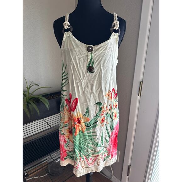 Tropical Floral Print Sundress / Beach Cover-Up with Rope Straps & Fringe Hem - Picture 1 of 7